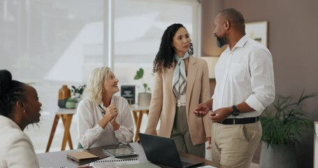Aufkleber - Cooperation, conversation and business people in meeting, team and ad agency with pitch for project. Group, technology and employees in workplace, laptop and discussion for sales growth and proposal