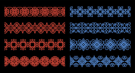 Celtic seamless knot. Irish pattern design. Black old Irish frame. Border Scotland ornament, traditional design elements. Tribal cross. Isolated graphic objects. Vector medieval decorative garish set