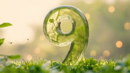 Poster - Close-up shot of a number nine in green with sparkling texture over blurred green background with grass and light effects