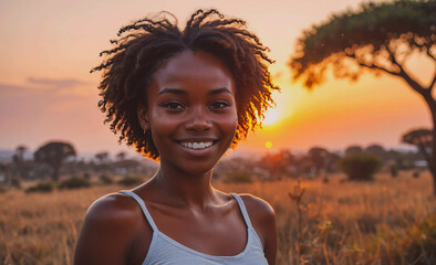 Poster - Woman with curly hair is smiling in front of a tree. The sun is setting in the background, creating a warm and peaceful atmosphere