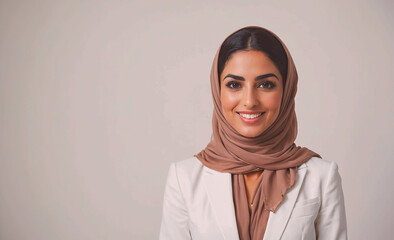 Poster - Woman wearing a white jacket and a brown scarf is smiling. She looks happy and confident. Concept of warmth and positivity