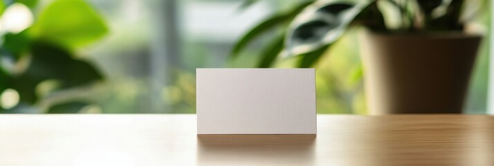 Poster - Blank business card mockup on a wooden table with soft natural light and greenery in the background