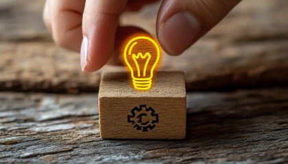 Poster - Woman s hand touching a glowing light bulb on a wooden block