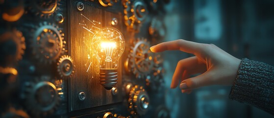 Poster - Womans hand gently touching a glowing light bulb on a wooden block with the word Ideas illuminated