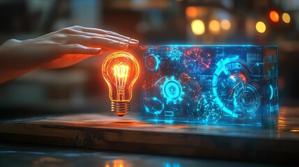 Aufkleber - Womans hand hovering over a glowing light bulb on a wooden block labeled Ideas
