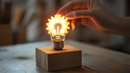 Aufkleber - Womans hand hovering over a glowing light bulb on a wooden block labeled Ideas