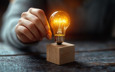 Aufkleber - Closeup of a woman s hand touching a glowing light bulb on a wooden block