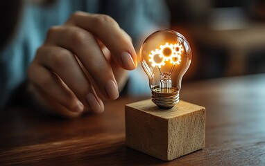 Aufkleber - Closeup of a womans hand interacting with a glowing light bulb on a wooden block inscribed with Ideas