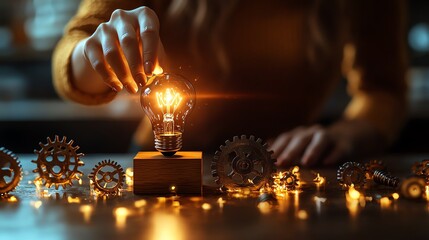 Aufkleber - Closeup of a womans hand activating a glowing light bulb on a wooden block with the word Ideas