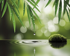Aufkleber - Water droplet falling onto still water, creating ripples, with green leaves and moss. Represents tranquility, nature, peace, and serenity
