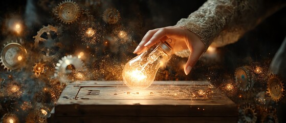 Aufkleber - Hand of a woman gently touching a glowing light bulb on a wooden block with Ideas inscribed