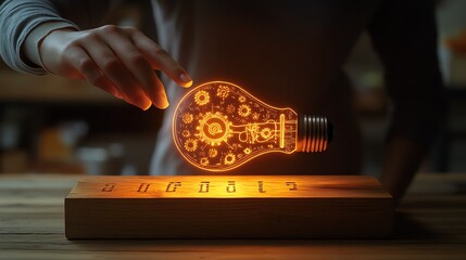 Aufkleber - Hand of a woman touching a glowing light bulb on a wooden block with Ideas written on it