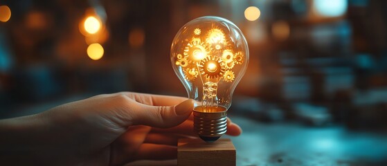 Poster - Woman s hand activating a glowing light bulb on a wooden block with Ideas inscribed