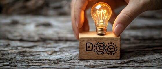Aufkleber - Woman s hand touching a glowing light bulb placed on a wooden block with the word Ideas and internal cog icons