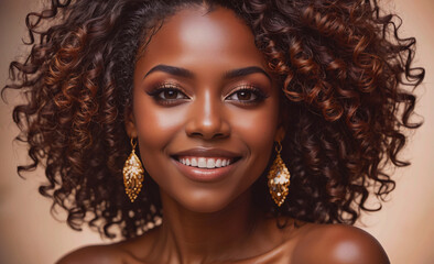 Poster - Woman with curly hair and gold earrings is smiling. She has a warm and friendly expression on her face