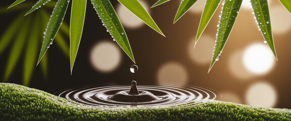 Poster - Water droplet falling onto moss, creating concentric ripples. Green leaves with dew drops overhead, suggesting tranquility and natural balance.