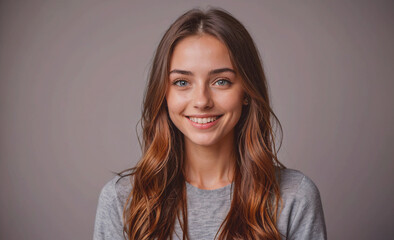 Poster - Woman with long brown hair is smiling at the camera. She has a warm and friendly expression on her face