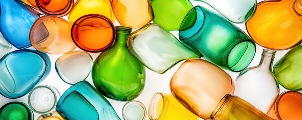Poster - A vibrant assortment of colorful glass bottles and jars, showcasing various shapes and sizes against a light background.