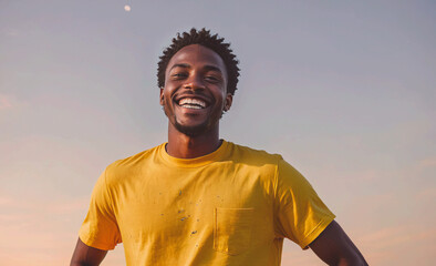 Aufkleber - Man with a yellow shirt is smiling and looking up at the sky. The sky is blue and has a few clouds