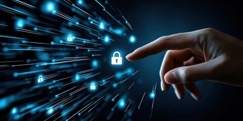 Poster - A hand reaches out towards a glowing padlock, symbolizing digital security and protection in a futuristic, tech-inspired environment.