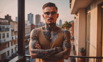 Poster - Man with tattoos on his arms and a beard stands on a balcony in a city. He is wearing a brown tank top and glasses