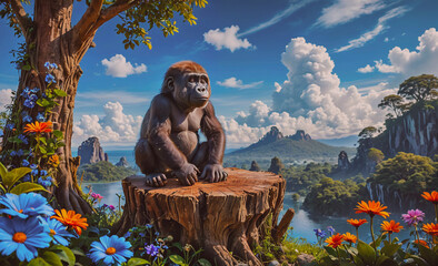 Poster - Baby gorilla sits on a log in a lush green forest. The sky is blue and there are clouds in the background. The scene is peaceful and serene, with the baby gorilla being the focal point of the image