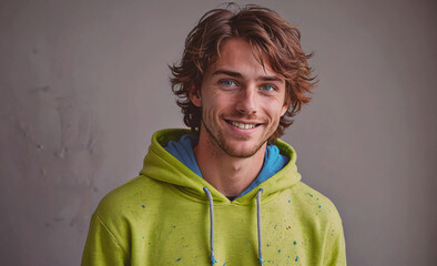 Poster - Man with a green hoodie is smiling. He has a beard and is wearing a blue and white hoodie