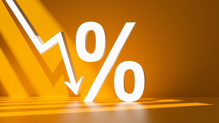 Poster - White percentage sign with downward arrow on yellow background, illustrating declining rate or discount.  Symbol of economic downturn or price reduction. Free space for text