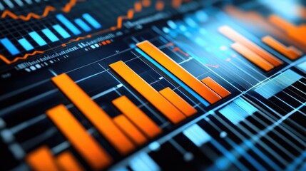 Poster - A D animated bar chart displayed on a large screen, showing real-time financial data and trends, with a team of professionals discussing the insights.