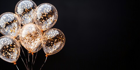 Poster - A cluster of clear balloons filled with golden confetti, floating against a dark background, creating a festive and celebratory atmosphere.