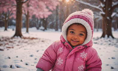 Poster - Young girl is wearing a pink coat and a pink hat. She is smiling and looking at the camera