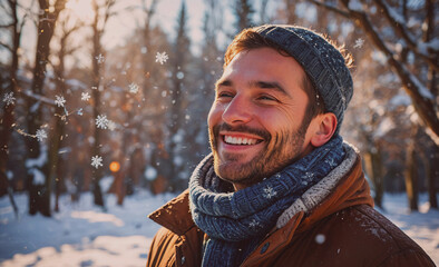 Aufkleber - Man is smiling in the snow with a blue scarf around his neck. He is wearing a brown jacket and a blue hat