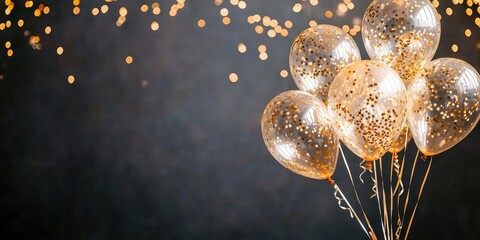 Poster - A cluster of golden balloons with confetti in the background, creating a festive and celebratory atmosphere.