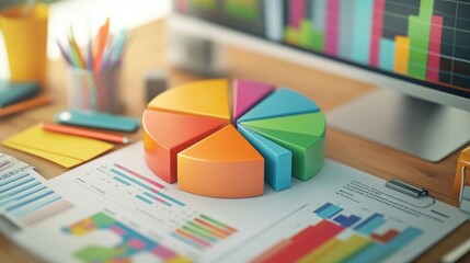 Fototapete - A close-up of a D pie chart on a computer screen, showcasing different colored segments with clear labels, surrounded by office supplies and data reports.