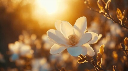 Poster - Delicate white magnolia flowers bask in the warm glow of the setting sun, creating a tranquil atmosphere in a beautiful garden. Nature's beauty is on full display