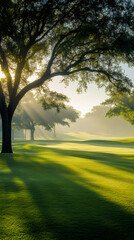 Poster - Golden sunlight penetrating forest trees, casting long shadows across dewy fairway during early morning light