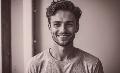 Aufkleber - Man with a beard and a smile is wearing a gray shirt. He is smiling and looking at the camera