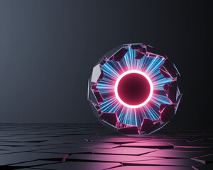 Poster - Shattered sphere with neon blue and pink light emanating from its core, resting on a fractured dark surface, showcasing a futuristic, abstract concept, ideal for technology or science fiction themes