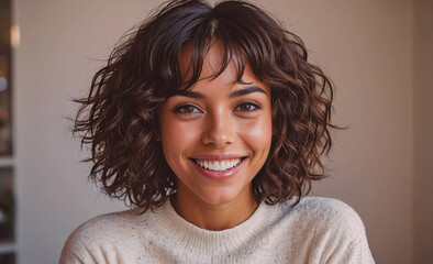 Poster - Woman with short hair and a white shirt is smiling. She has a very cute and happy expression on her face