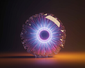 Poster - Abstract glass eye, purple and blue glowing iris, fragmented edges, dark background, showcasing a futuristic or mystical concept