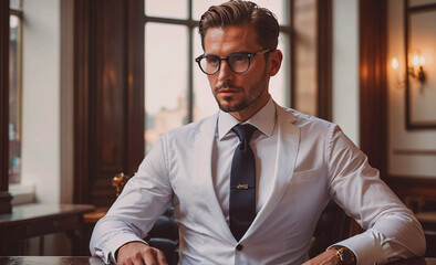 Poster - Man in a suit and tie sits in a chair in front of a window. He is wearing glasses and a tie with a gold clasp