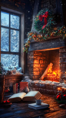 Aufkleber - Crackling fireplace glowing inside rustic wooden cabin, snow falling outside, steaming coffee mug beside open book on wooden table
