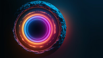 Poster - Abstract image of a rocky surface with vibrant neon circles, creating a futuristic, cosmic effect. Shows a portal or energy field, symbolizing technology, innovation, or otherworldly concepts