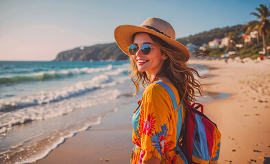 Aufkleber - Woman wearing a yellow floral dress and a straw hat is smiling on a beach. She is carrying a backpack and sunglasses