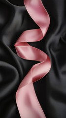 Poster - Pink silk ribbon waving on black silk background, creating elegant contrast and soft texture