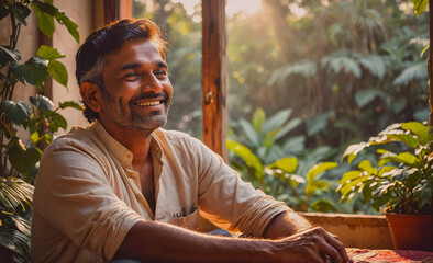Poster - Man with a big smile is sitting in front of a window with plants. He is wearing a white shirt and he is enjoying the view