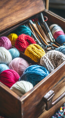 Poster - Colorful balls of yarn and knitting needles are neatly arranged in a wooden box, ready for crafting