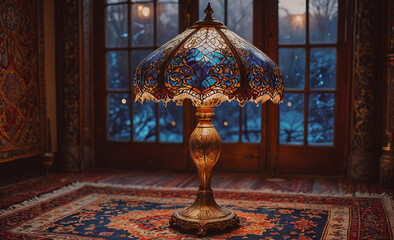 Poster - Lamp with a blue shade sits on a rug in a room. The lamp is turned on, casting a warm glow on the rug. The room has a cozy and inviting atmosphere