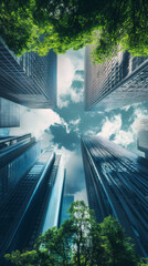 Fototapete - Low angle view of green trees surrounding skyscrapers rising toward cloudy sky in urban environment