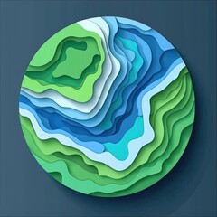 Aufkleber - A vibrant, layered circular design showcasing shades of blue and green, resembling a topographic map of a landform or body of water.
